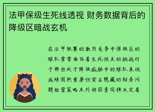 法甲保级生死线透视 财务数据背后的降级区暗战玄机