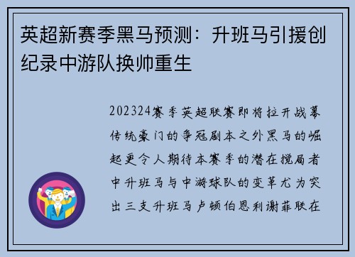 英超新赛季黑马预测：升班马引援创纪录中游队换帅重生